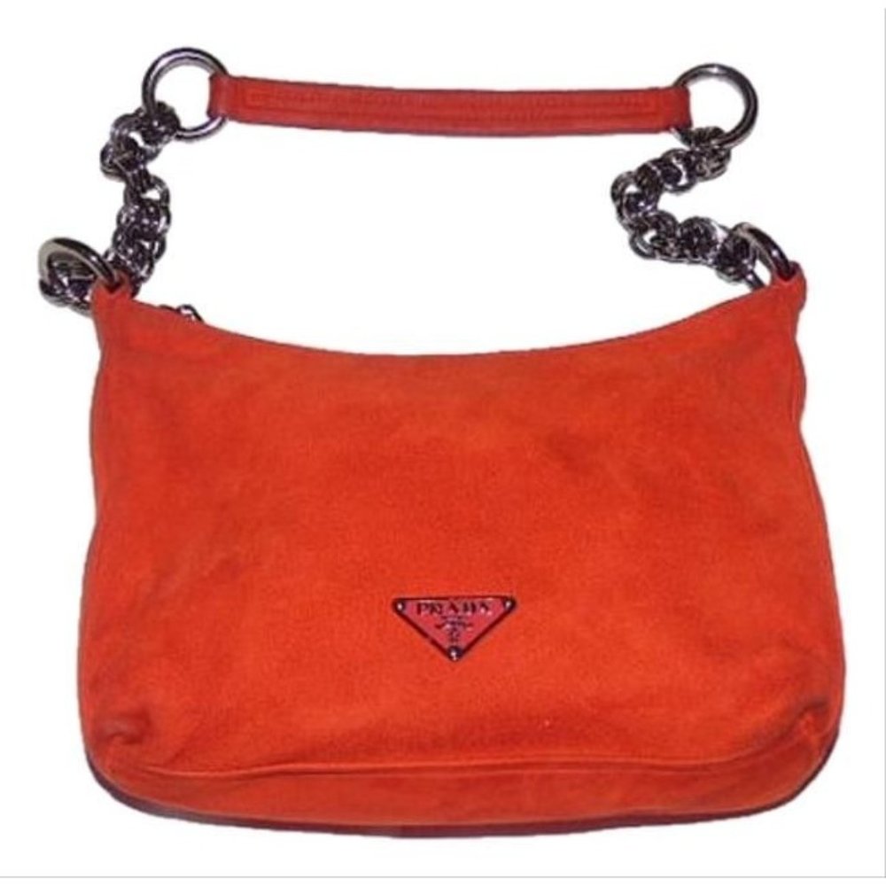 Prada Reddish Orange Suede And Leather Shoulder Purse  With A Chrome Chain